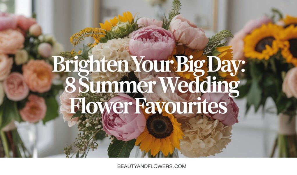 Arrangement of colourful summer wedding flowers including peonies, sunflowers, and hydrangeas in a soft, feminine setting.