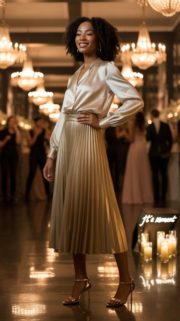 Metallic skirt wedding guest outfit for Black women.