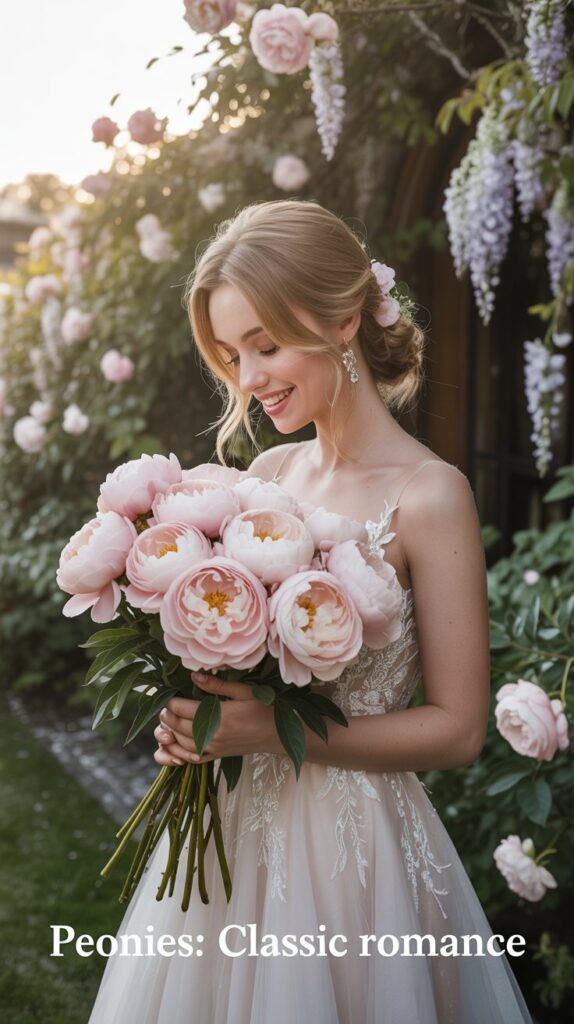 Bride holding a bouquet of lush blush pink peonies with soft greenery