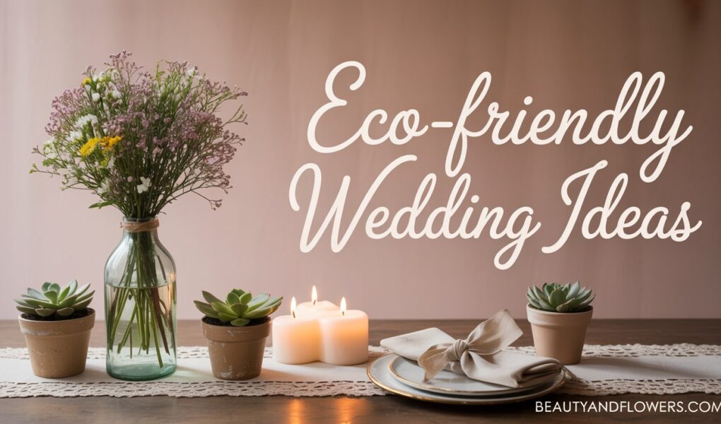 A serene, softly lit tablescape featuring eco-friendly wedding elements — a recycled-paper invitation, a wildflower bouquet, potted plants, and a vintage lace table runner against a pastel-colored background. With subtle elements like cloth napkins and soy-based candles to emphasize sustainability.