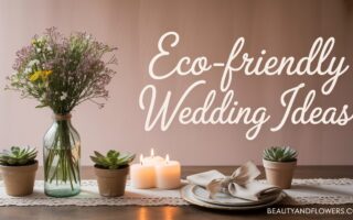 A serene, softly lit tablescape featuring eco-friendly wedding elements — a recycled-paper invitation, a wildflower bouquet, potted plants, and a vintage lace table runner against a pastel-colored background. With subtle elements like cloth napkins and soy-based candles to emphasize sustainability.