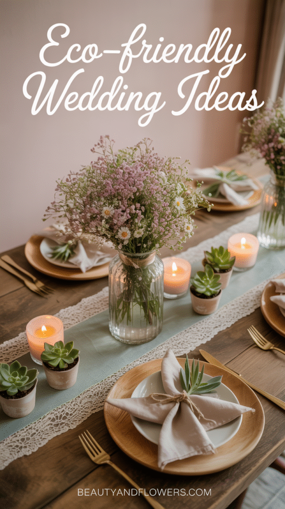 a serene, softly lit tablescape featuring eco-friendly wedding elements—such as a recycled-paper invitation, a wildflower bouquet, potted plants, and a vintage lace table runner against a pastel-colored background. Include subtle elements like cloth napkins and soy-based candles to emphasize sustainability.