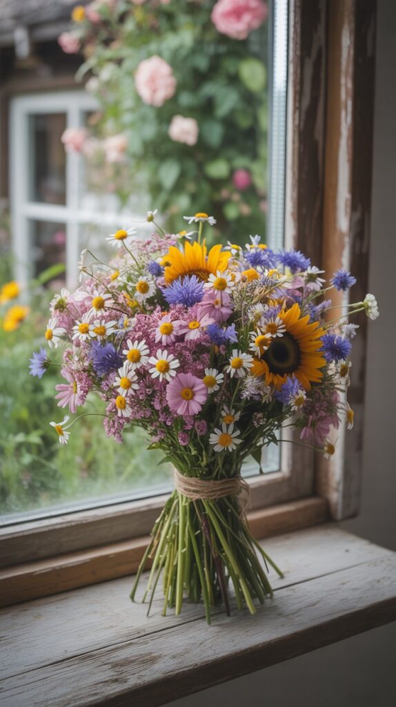 A wildflower bouquet bursting with colour, hand-tied with twine, smelling like fresh earth and sunshine.