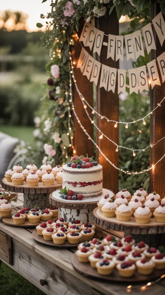A dessert table with rustic cake, dainty cupcakes, and berry tarts, all glowing under twinkly lights.