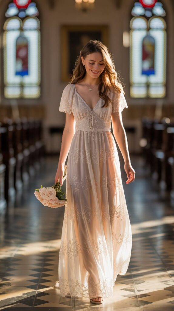 You walk down the aisle in a lace-adorned vintage dress, glowing in something old that feels perfectly you.