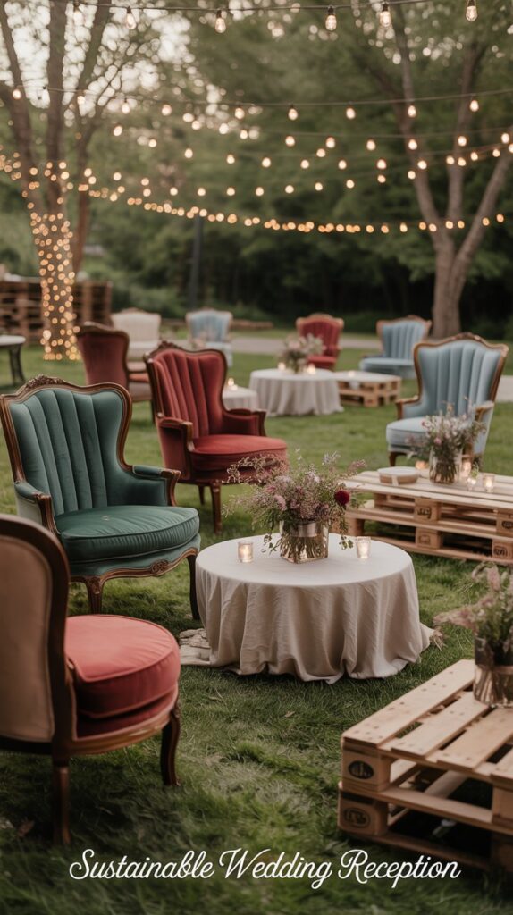 Guests sinking into velvet armchairs under fairy lights, sipping cocktails in a cosy garden nook.
