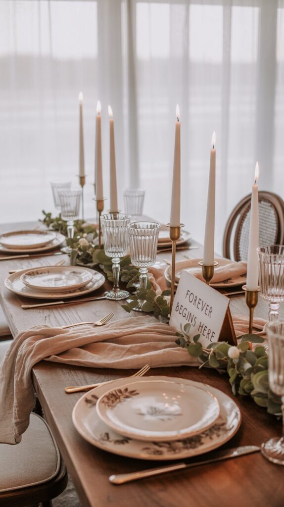 A table styled with soft linen napkins, brass candlesticks, and mismatched vintage plates — romantic, relaxed, and waste-free.