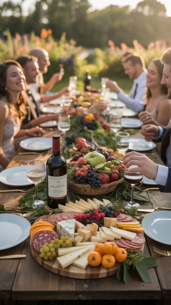 Guests enjoying a colourful harvest platter at golden hour, with laughter in the air and wine from a local vineyard flowing.