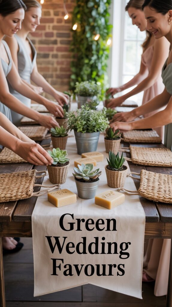  A rustic wooden table full of tiny potted succulents with guests smiling and tucking them into their bags.