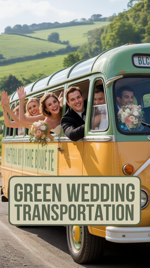 A vintage-style bus pulls up with guests cheering, music playing — starting the party before the party begins.
