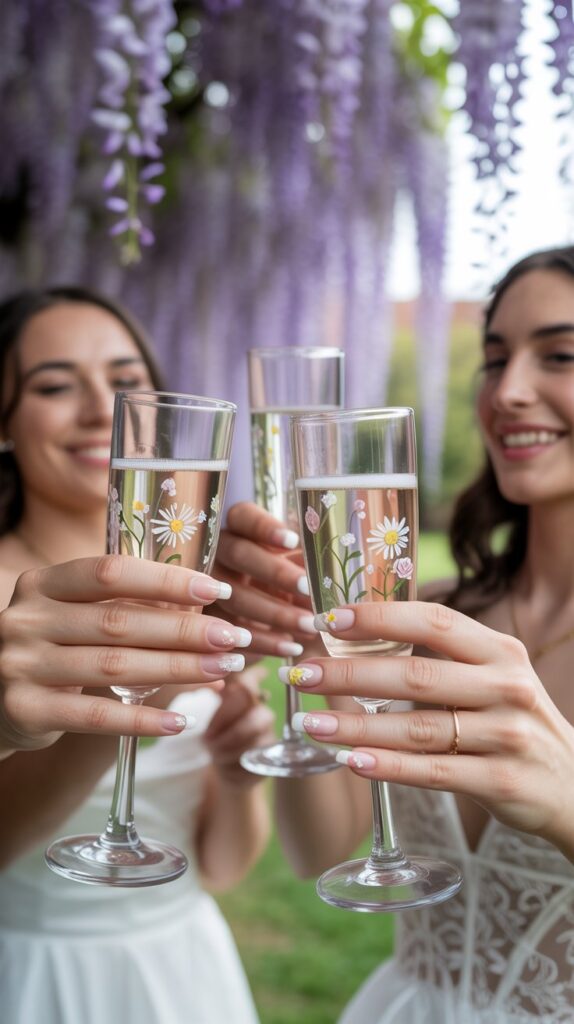 Bridesmaids giggling as they sip rosé, their manicures popping with white-tipped nails and tiny floral decals that match the wedding bouquet.