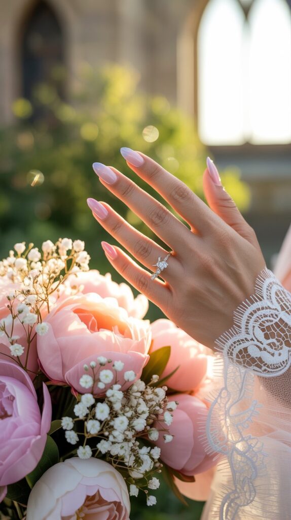 A close-up of a bride holding her bouquet, her nails a dreamy gradient of blush and lavender, glowing softly in the sunlight as petals fall around her.