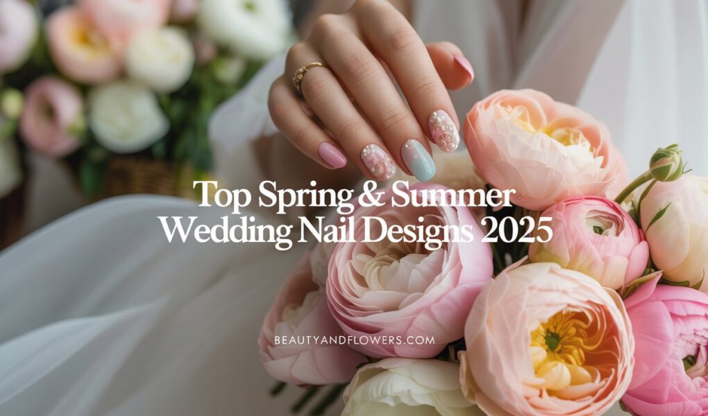 A soft-toned and feminine image of a well-manicured hand gently holding a bouquet of pastel flowers. The nails showcase a variety of spring and summer wedding designs, including soft pastel ombré nails, French tips with floral detail, and sheer pink nails with pearl accents.