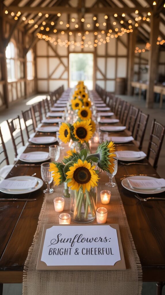 Rustic wedding setup with sunflower centrepieces and wooden tables.