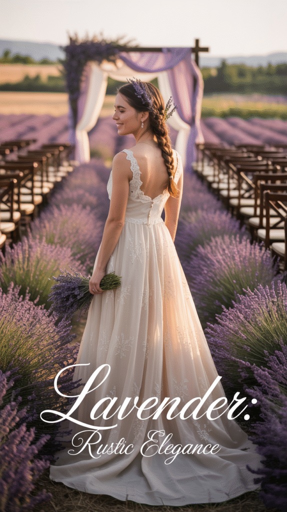 Outdoor wedding ceremony in a lavender field with rustic decor.