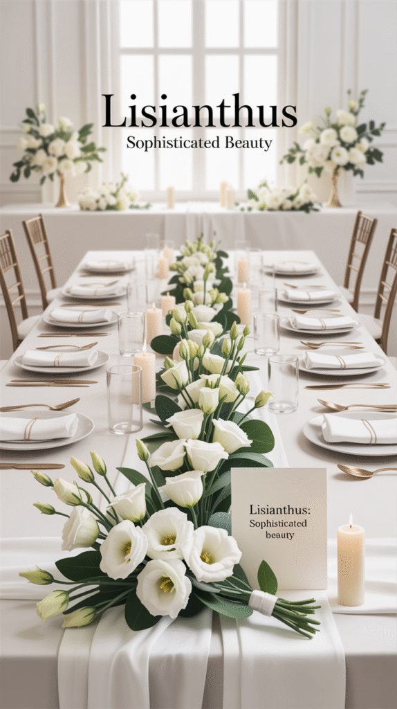Modern wedding setup with white lisianthus bouquets and minimalist decor