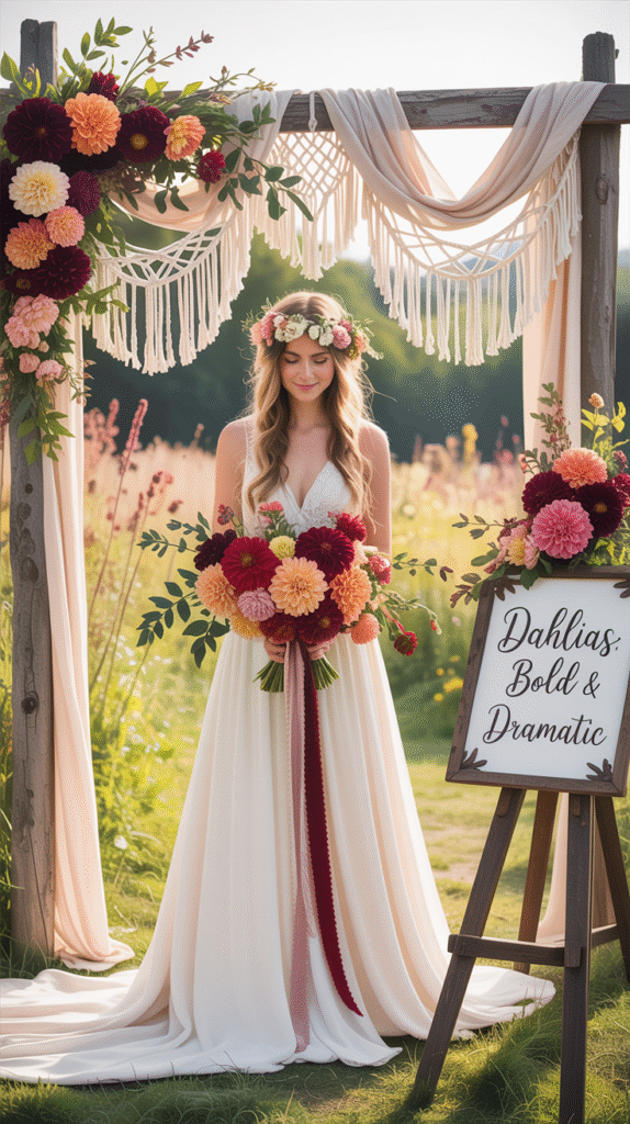 Bohemian wedding setup with dahlia bouquets and rustic elements