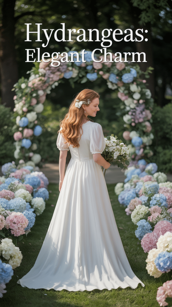Garden wedding with pastel hydrangea arrangements along the aisle
