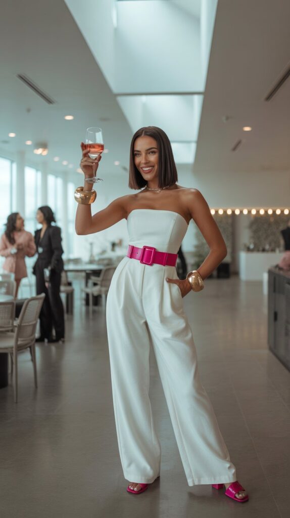 Stylish guest in white jumpsuit with bold pink accessories at a modern indoor wedding 