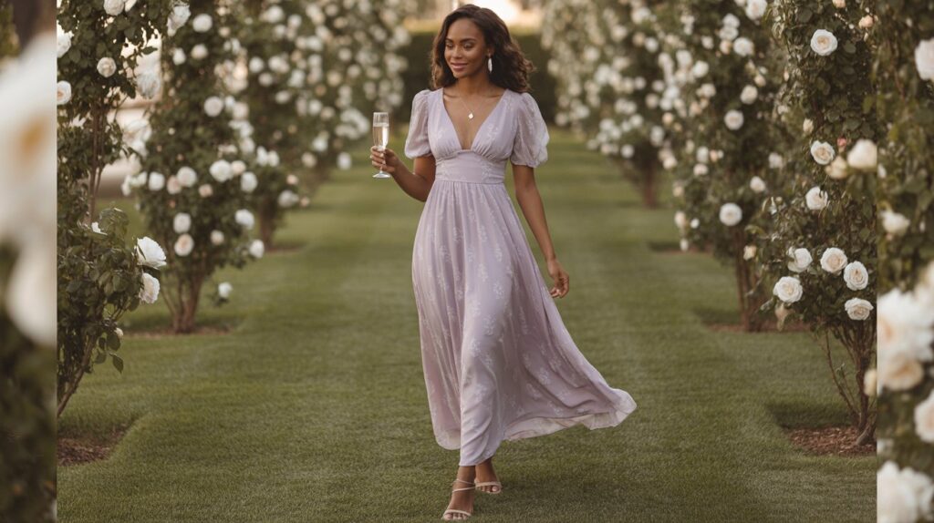 Wedding guest in pastel floral maxi dress with puff sleeves at a romantic garden wedding.