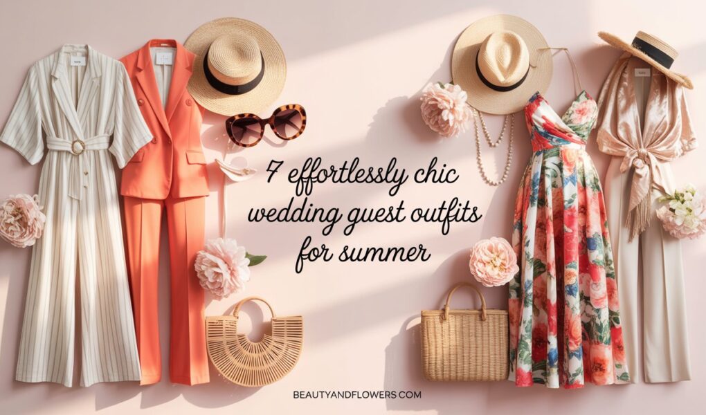Chic summer wedding guest outfits, including dresses and accessories, in a soft, feminine setting