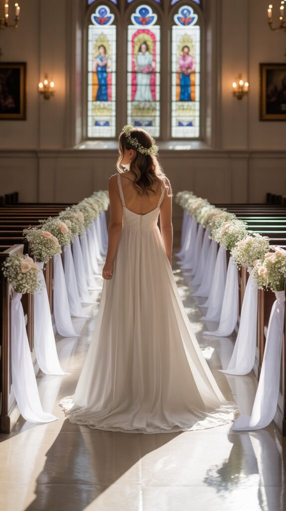 Aisle view of a church wedding with white ribbons and small floral arrangements tied to each pew for classic decoration.