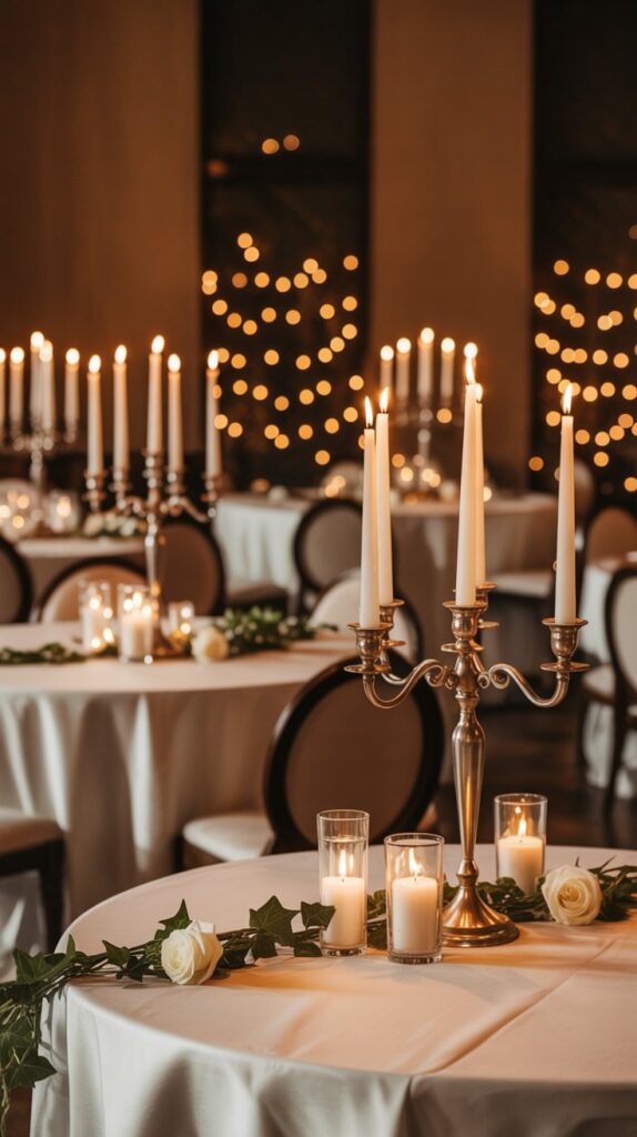 Antique brass candelabras with taper candles on a traditional wedding table setting, surrounded by soft floral arrangements.