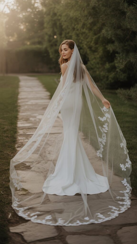Romantic embroidered floor-length bridal veil flowing behind a bride in a sunlit chapel.