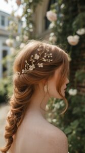Modern bride with pearl-studded hair clip styled into soft waves, a chic hair accessory for wedding day glam.
