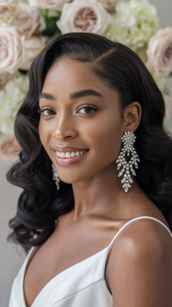 Elegant bride wearing oversized pearl drop earrings, a perfect choice for wedding accessories for the bride.