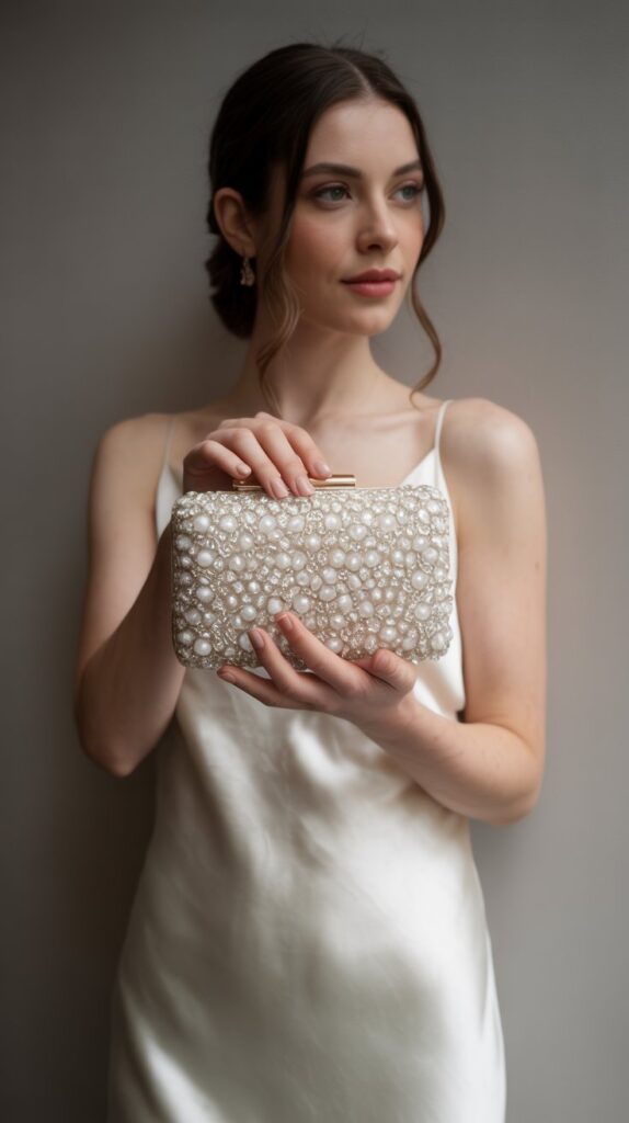 Close-up of a bride holding a bold bridal clutch in soft pink with pearl embellishments, styled with a minimal white wedding dress.