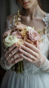 Close-up of a bride wearing sheer embroidered gloves, adding timeless charm to her modern bridal outfit.