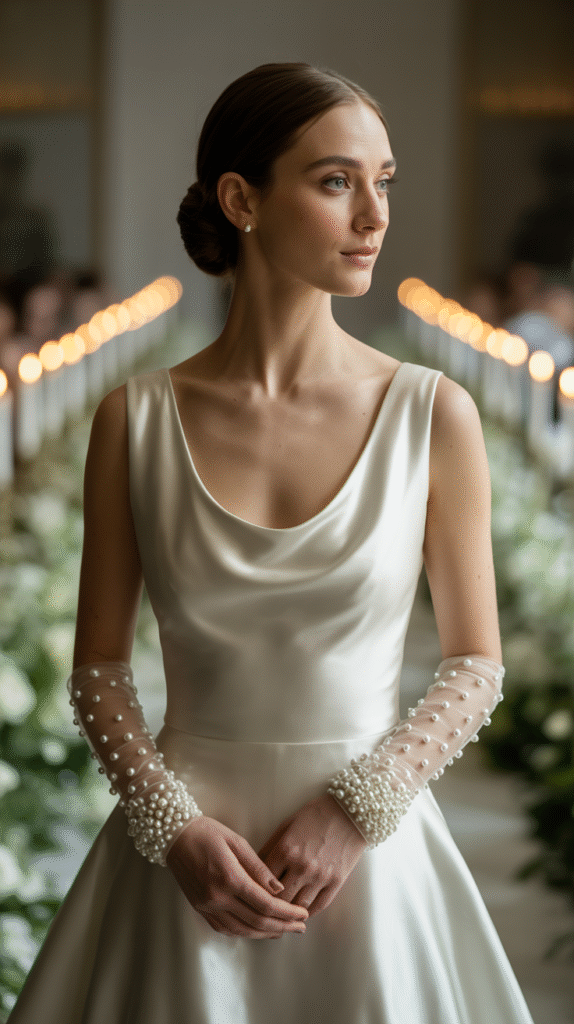 Bridal gloves with pearl embellishments for an elegant, minimalist wedding look.