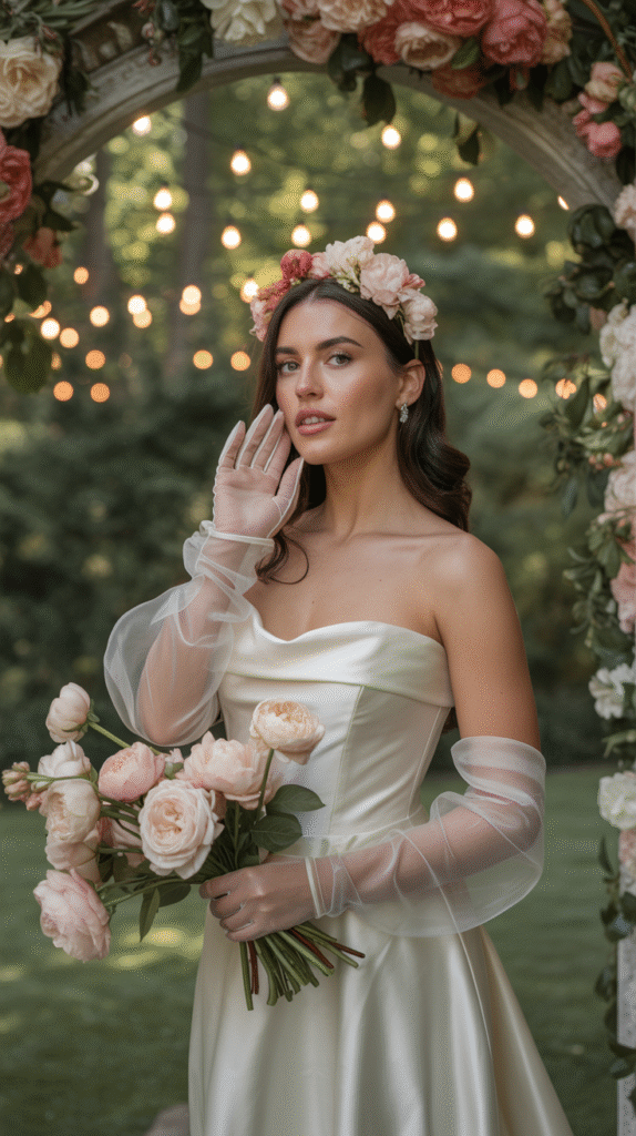 Bride wearing sheer tulle opera-length gloves at an outdoor garden wedding.