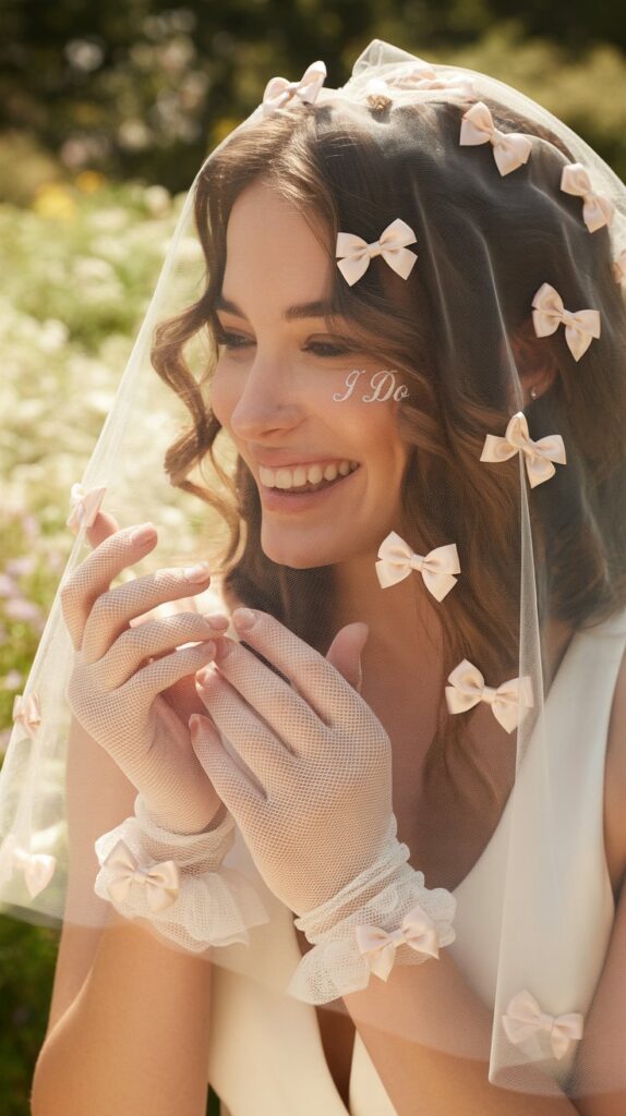 Fun mesh bridal gloves with satin bows for a playful wedding day look.