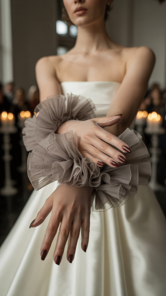 High-fashion bridal gloves with ruffled tulle detail, perfect for statement wedding looks.
