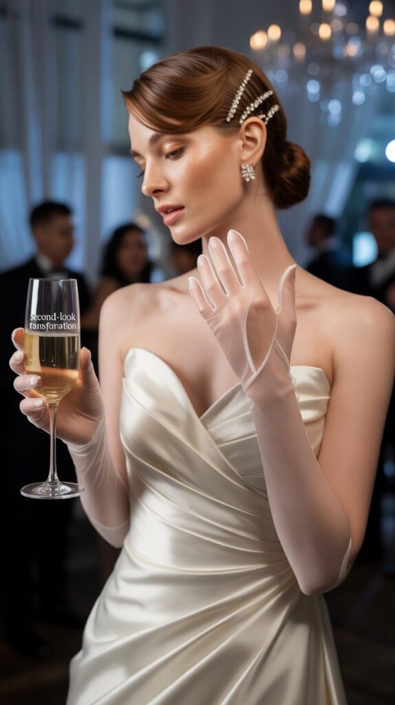 Detachable bridal glove sleeves for a two-in-one wedding outfit transformation.