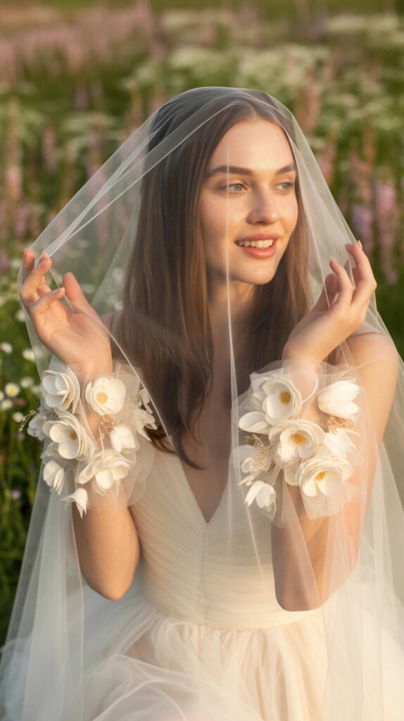 Soft bridal gloves with 3D floral appliqué, perfect for romantic outdoor weddings.