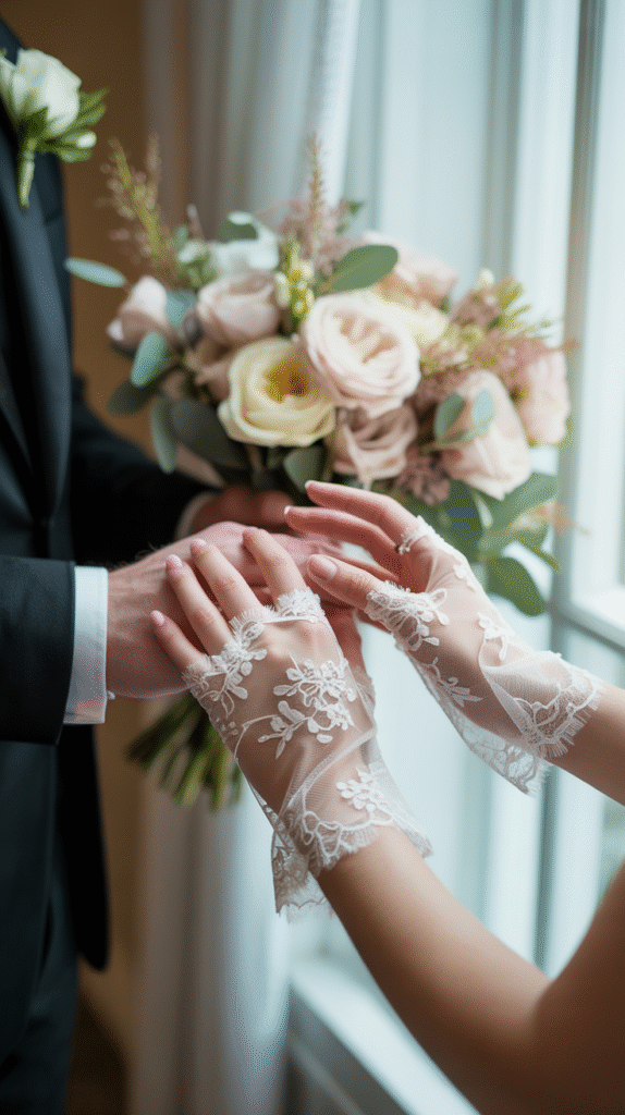 Fingerless lace bridal gloves with elegant floral embroidery, perfect for summer weddings.