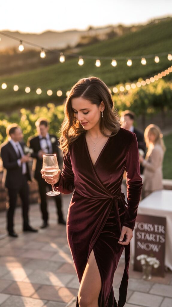 Autumn calls for richer fabrics and deeper hues. A velvet wrap dress in burgundy or emerald offers warmth and sophistication.