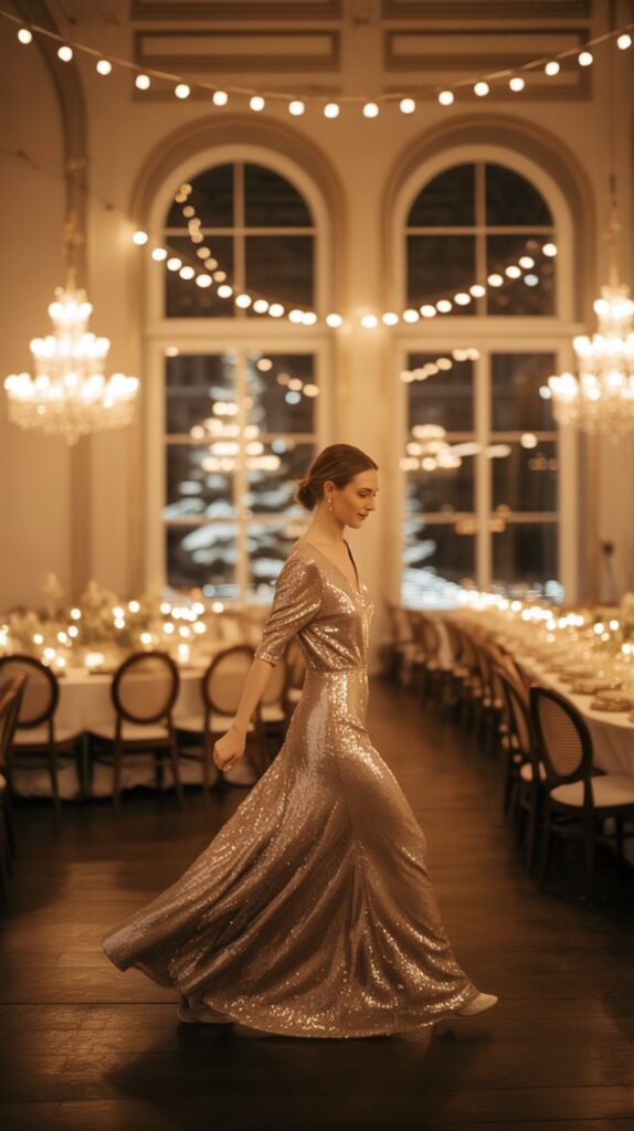In a candlelit hall, your sequined gown sparkles with every movement, reflecting the warm glow and adding to the festive ambiance.