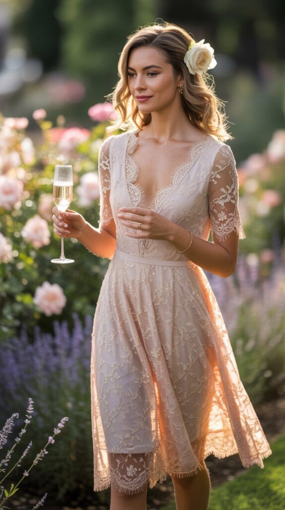 You’re strolling across a sun-dappled garden, champagne in hand, your tea-length lace dress fluttering just below the knees. The intricate lace catches the light, adding an old-world charm that fits perfectly with the garden's romantic setting.