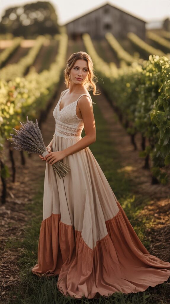 An A-line dress in warm earth tones feels effortless yet polished and works beautifully in barn, vineyard, or outdoor countryside venues.