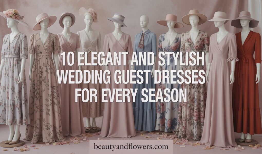 softly lit image showcasing a stylish, feminine display of wedding guest dresses suitable for all seasons. Each dress is thoughtfully presented with complementing seasonal accessories, such as hats, scarves, and shoes. The text overlay in bold Pinterest style reads, "10 Elegant and Stylish Wedding Guest Dresses for Every Season