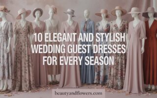 softly lit image showcasing a stylish, feminine display of wedding guest dresses suitable for all seasons. Each dress is thoughtfully presented with complementing seasonal accessories, such as hats, scarves, and shoes. The text overlay in bold Pinterest style reads, "10 Elegant and Stylish Wedding Guest Dresses for Every Season