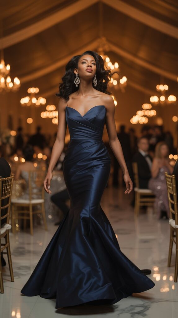 Black-tie wedding guest outfit for Black women in an off-the-shoulder gown.