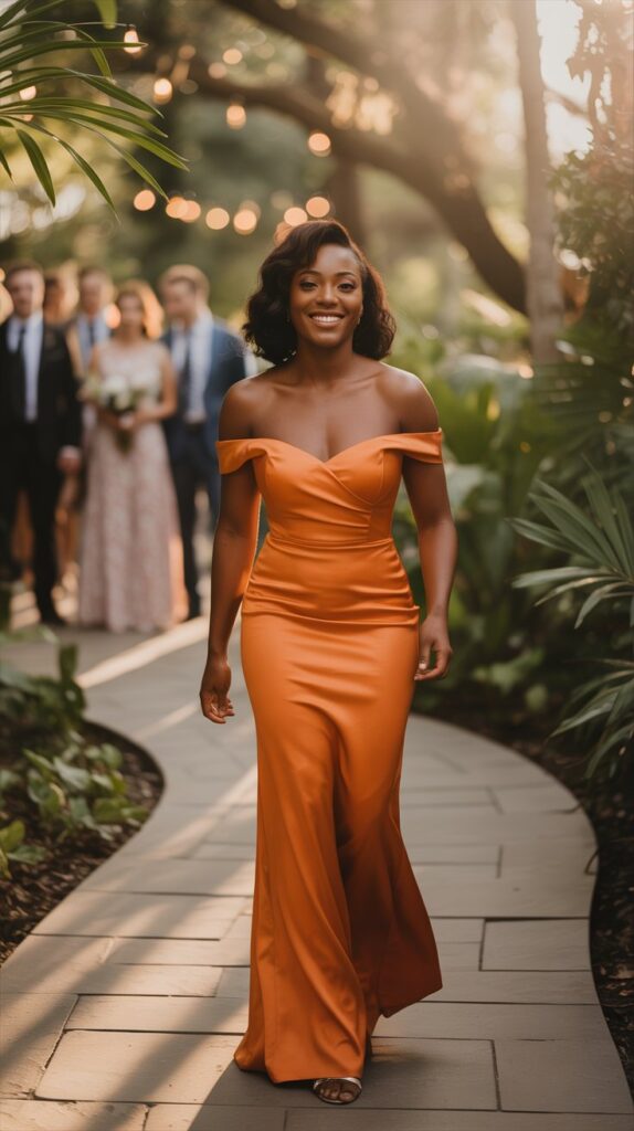 Wedding guest in a bright orange maxi dress perfect for Black women with deeper skin tones.