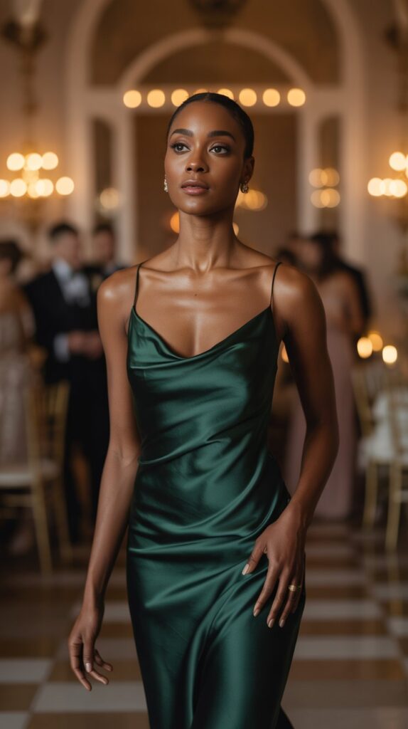 Black wedding guest wearing a satin slip dress in emerald green.