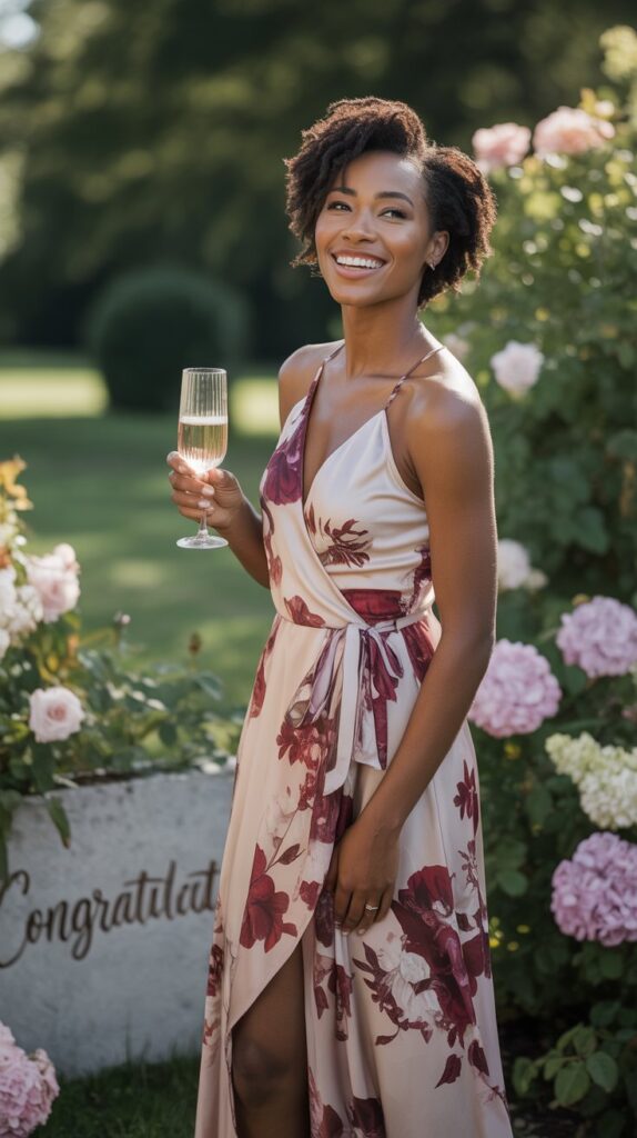 Romantic wedding guest outfit for Black women in a floral wrap dress.