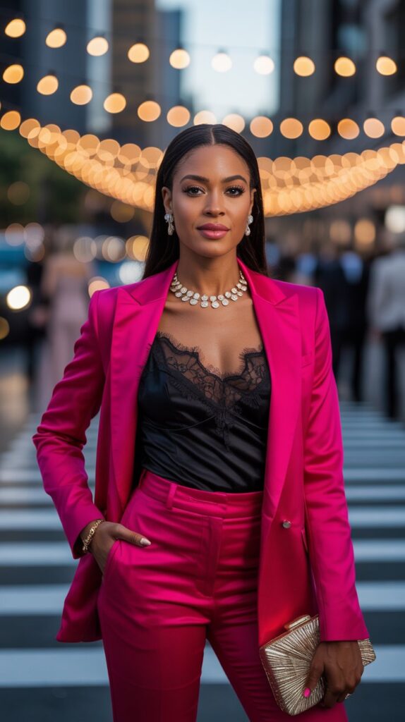 Black woman wearing a bright tailored pantsuit as a wedding guest.